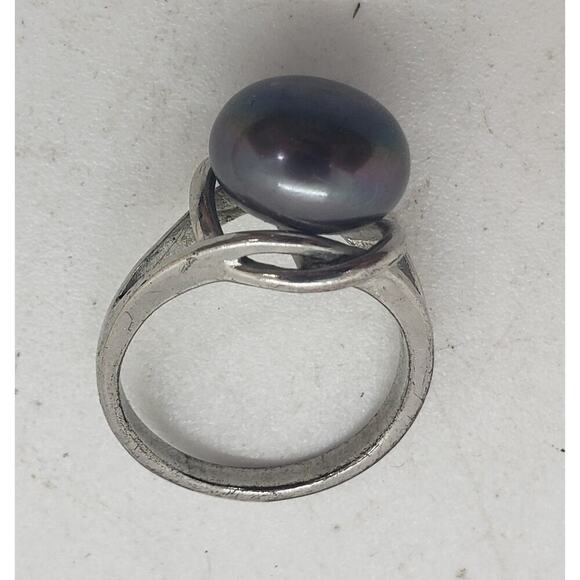 Vintage Genuine Gray Peacock Pearl Ring Size 8 Silver Plated HUGE Iridescent - Picture 9 of 11